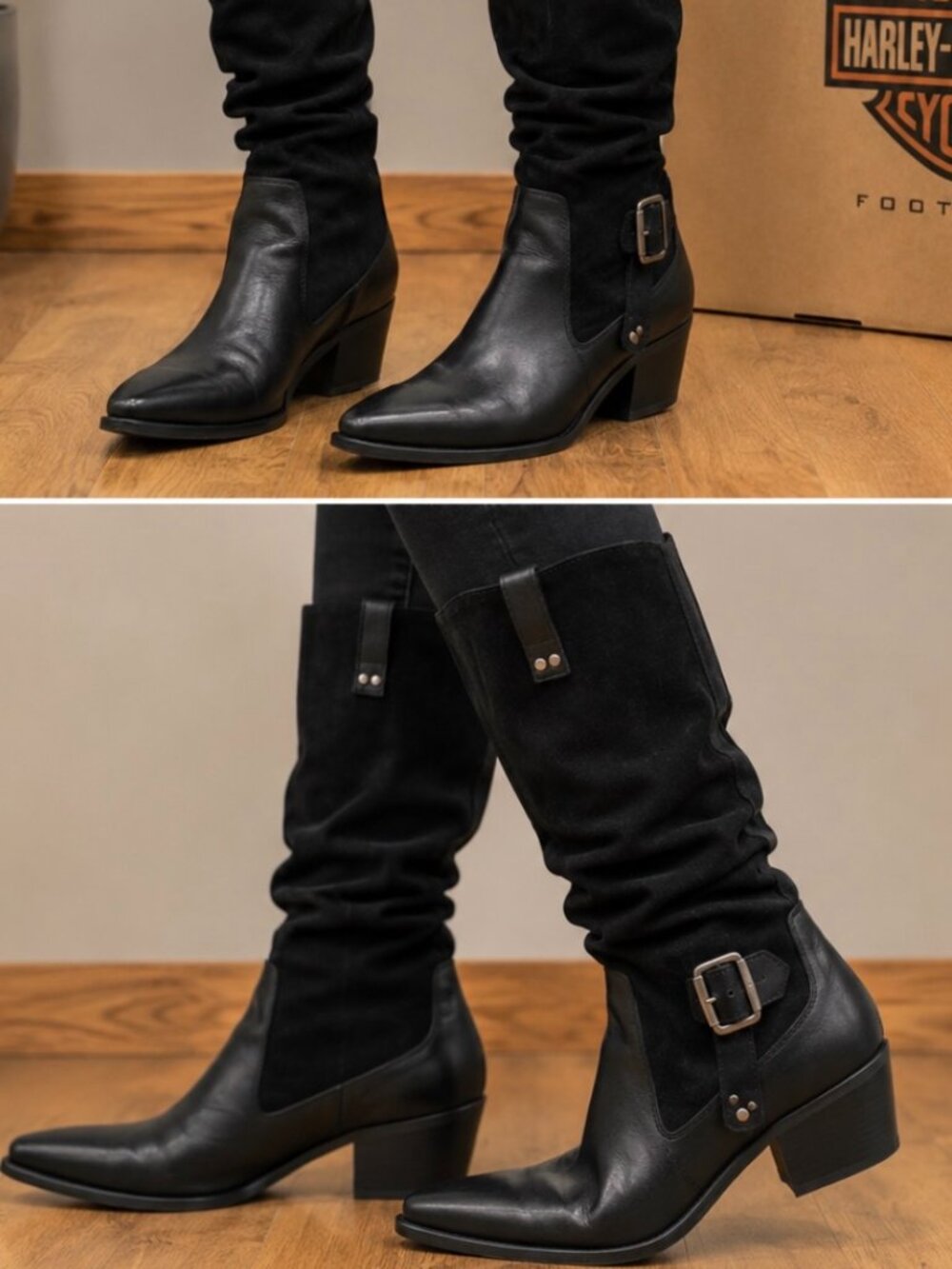 Harley-Davidson Black Leather and Suede Tall Riding Boots